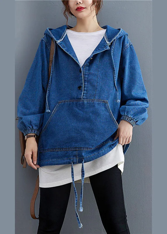 Unique Blue Denim Button Pockets hooded Fall Long sleeve Top