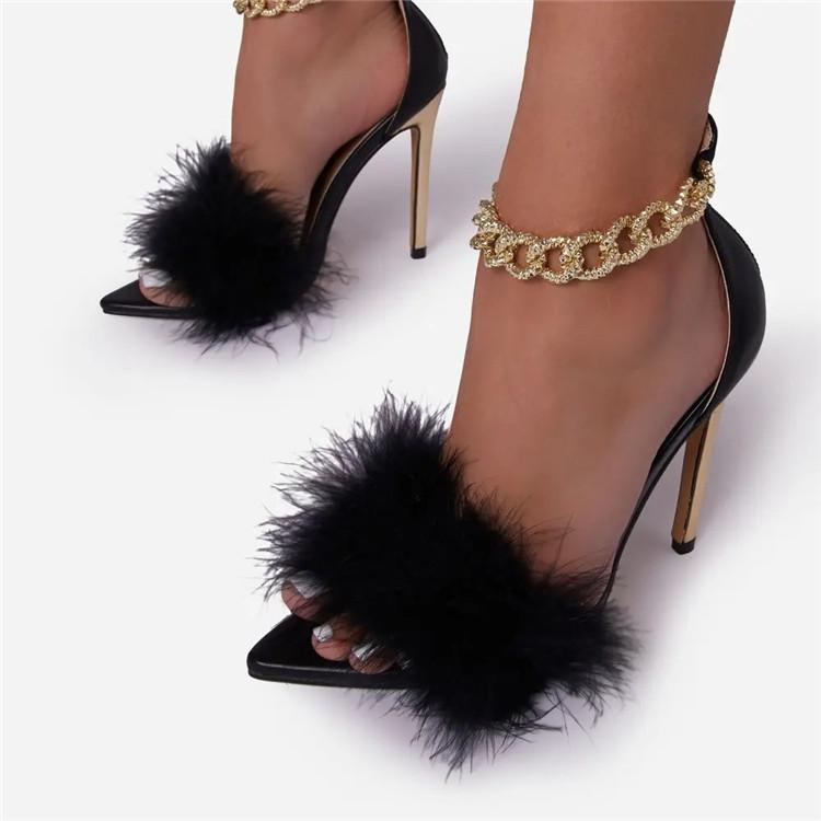Peep toe fuzzy metal ankle chain stiletto high heels