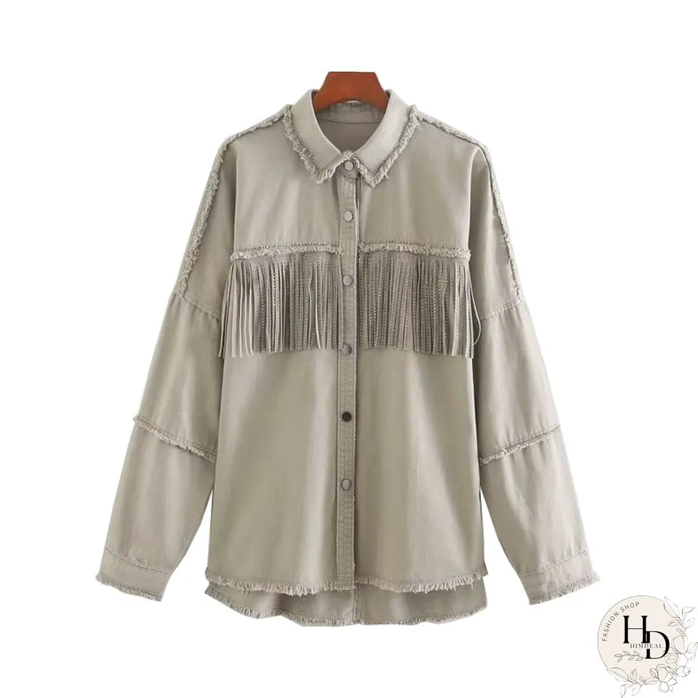 Womens Fashion Tassel Beaded Oversized Denim Jacket Coat Vintage Long Sleeve Frayed Hem