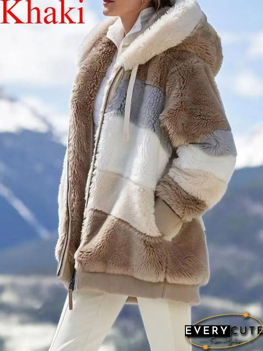 New Winter Womens Fashion Jacket Hooded Warm Plush Loose for Women Patchwork Outerwear