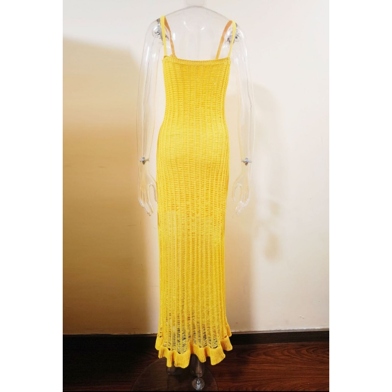Ootddress Ruffled See-Through Backless Halter Dress Female Sleeveless Hollow Out High Waist Elegant Gown Spaghetti Women Maxi Dress