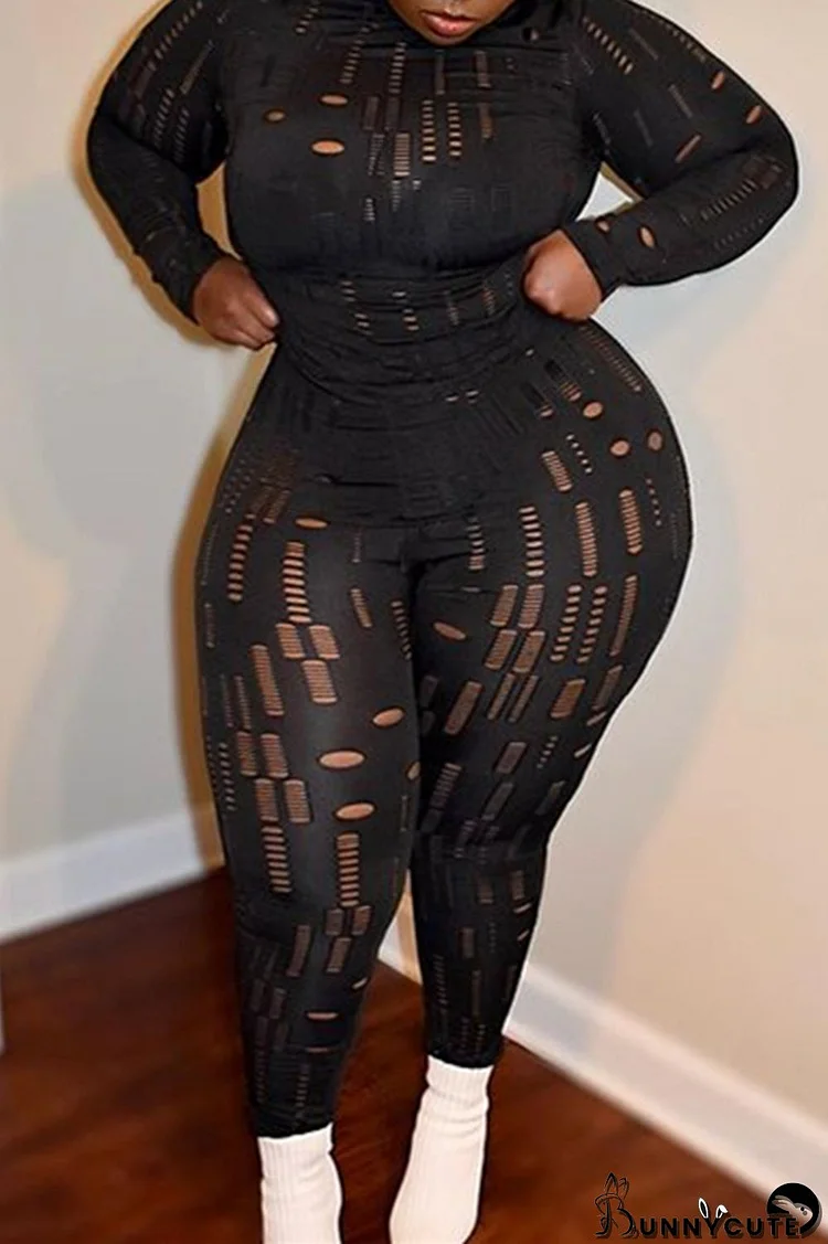 Black Fashion Sexy Solid Ripped Hollowed Out Turtleneck Plus Size Two Pieces