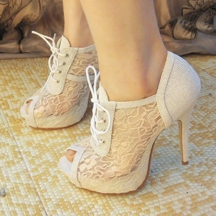 White Lace Stiletto Heel Wedding Boots with Peep Toe Vdcoo