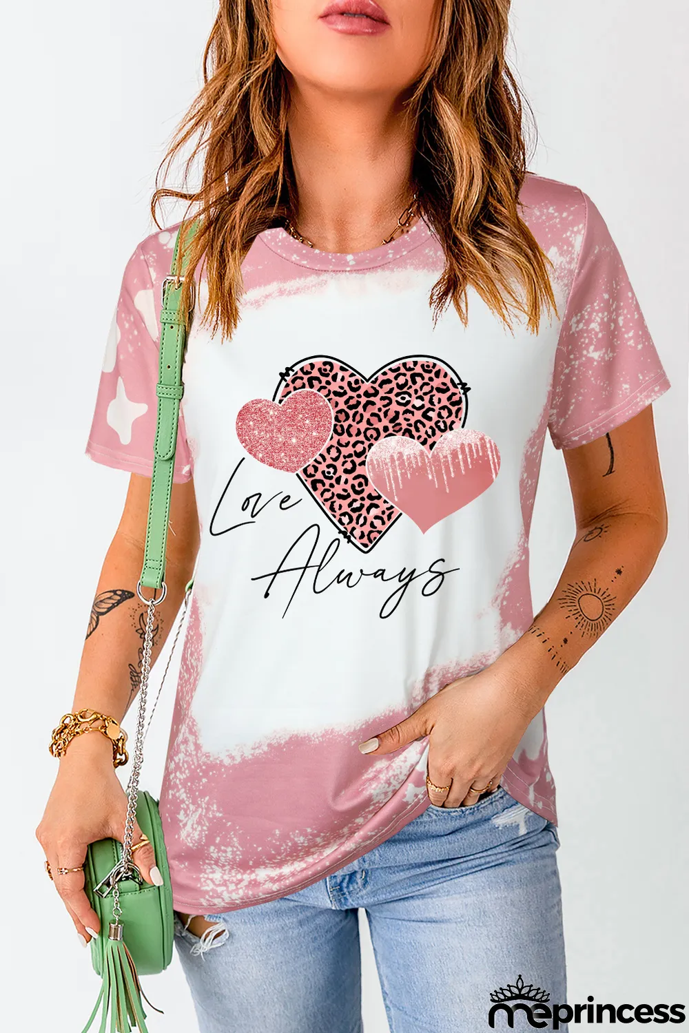 Pink Love Always Heart Leopard Bleached Print Graphic T Shirt