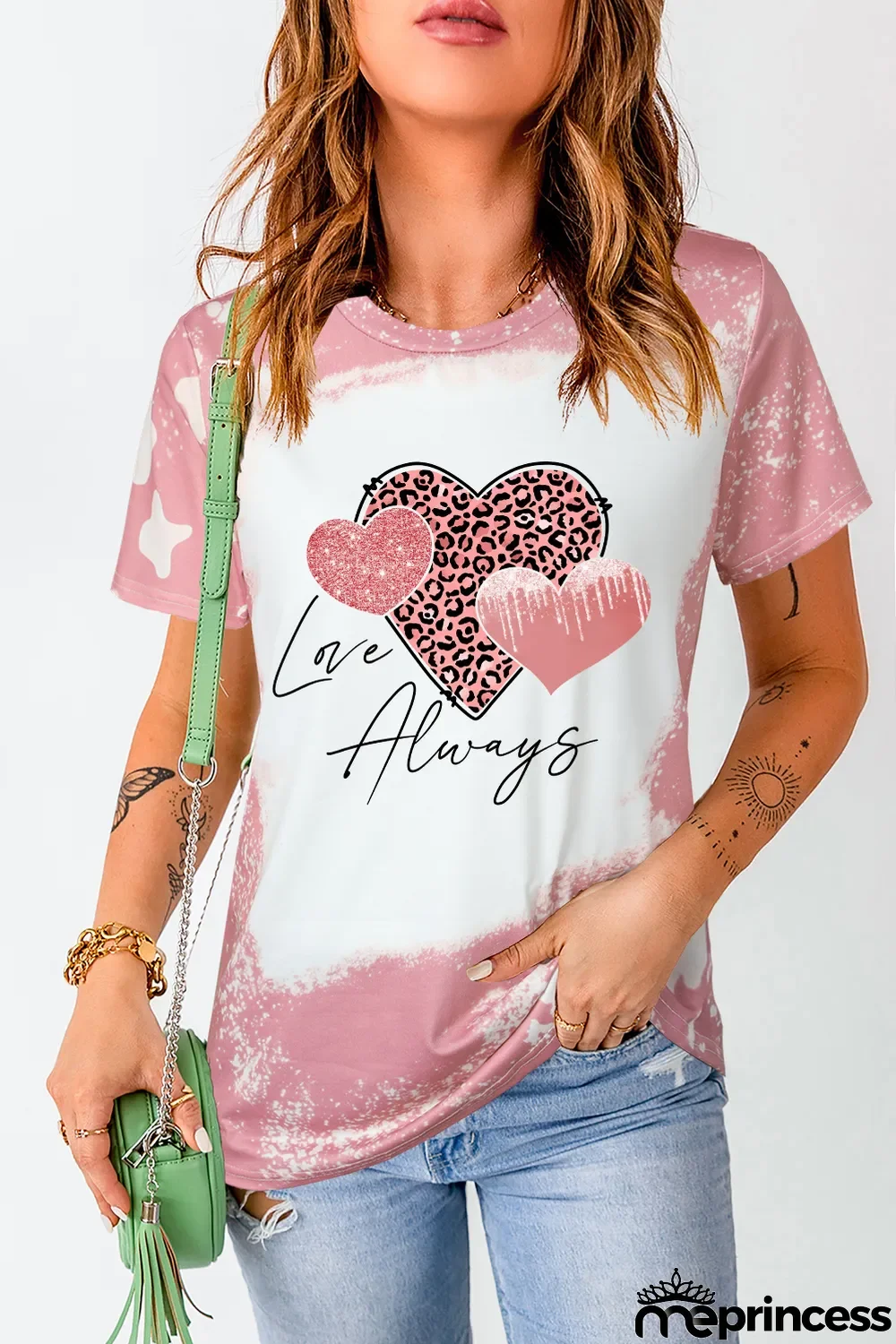 Pink Love Always Heart Leopard Bleached Print Graphic T Shirt