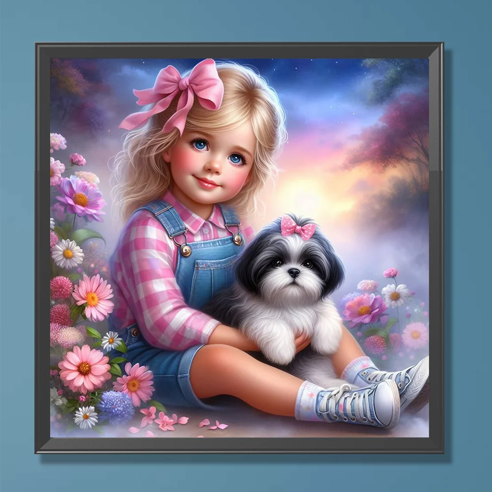 Diamond Painting - Full Round Drill - Garden Girl Dog(Canvas|30*30cm)
