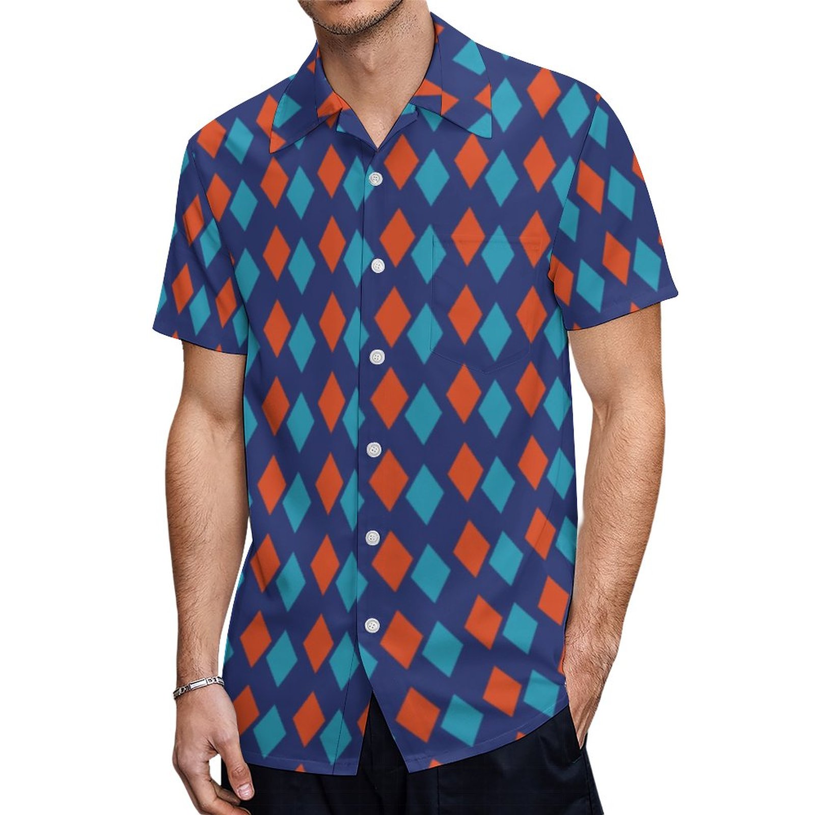 Bright Blue And Reddish Orange Diamond Patterned Hawaiian Shirt Mens Button Down Tropical Hawaii Beach Shirts