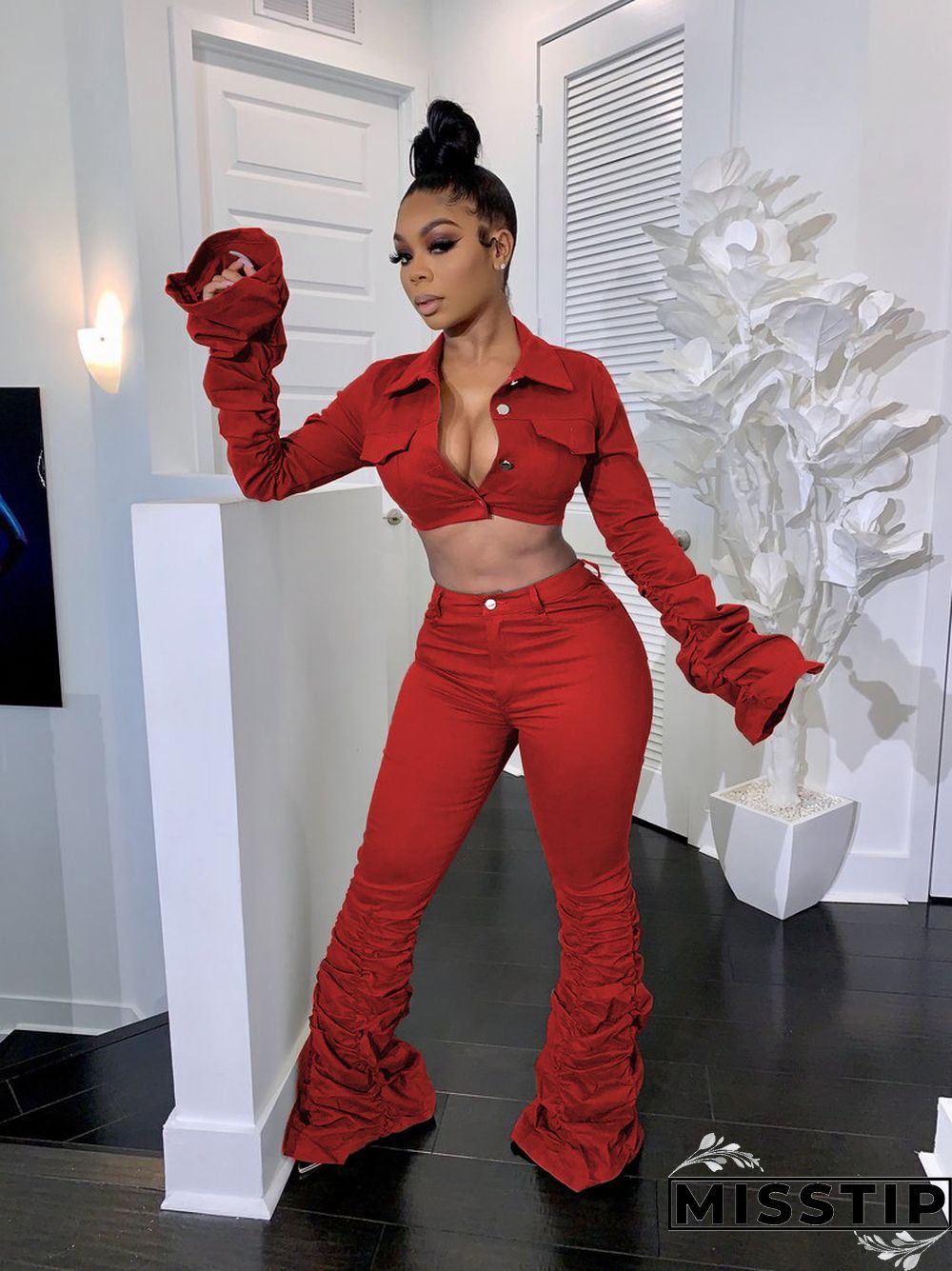 Flare Sleeve Wrinkle Short Jacket+Skinny Flare Legs Suits