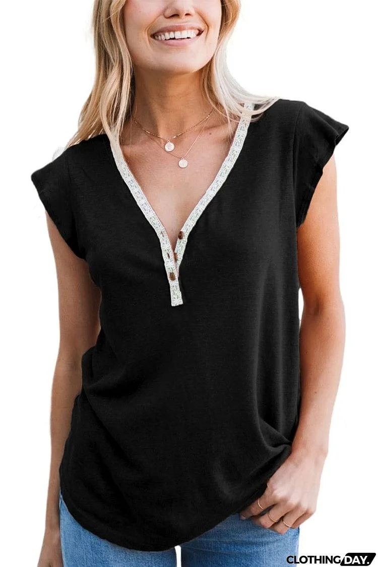 V Neck Buttoned Lace Trim Short Sleeve Tee