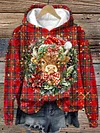 Women's Christmas Highland Cow Plaid Long Sleeve Printed Hoodie