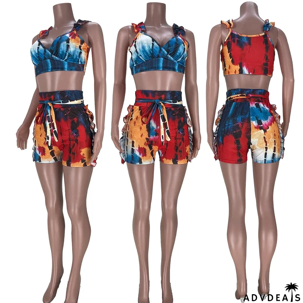 Sexy Printed Ruffled Sleeveless 2 Piece Short Sets