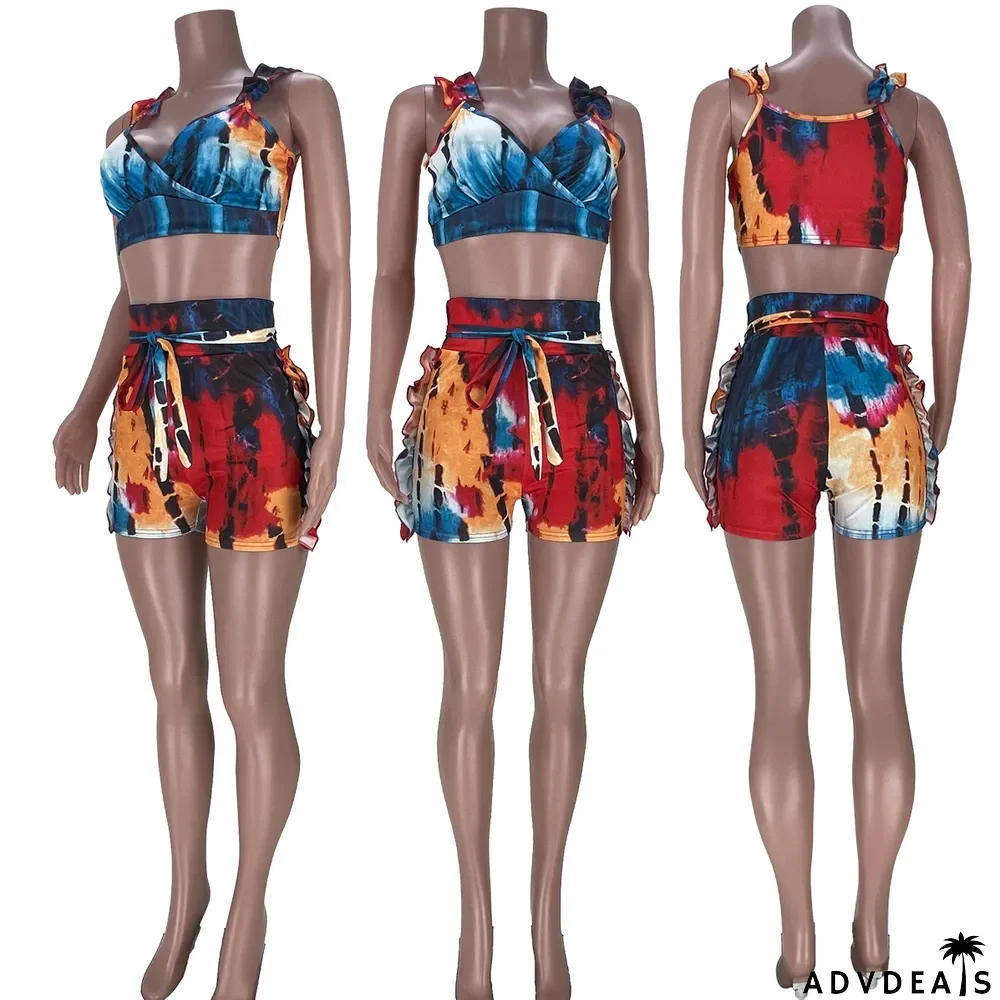 Sexy Printed Ruffled Sleeveless 2 Piece Short Sets