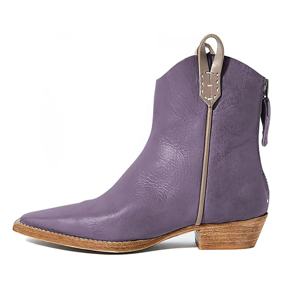 Purple Vegan Leather Snip Toe Back-Zip Side Loops Ankle Boots