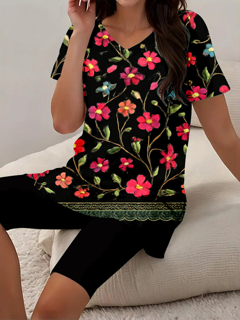 Women Long Sleeve V-neck Graphic Floral Printed Top