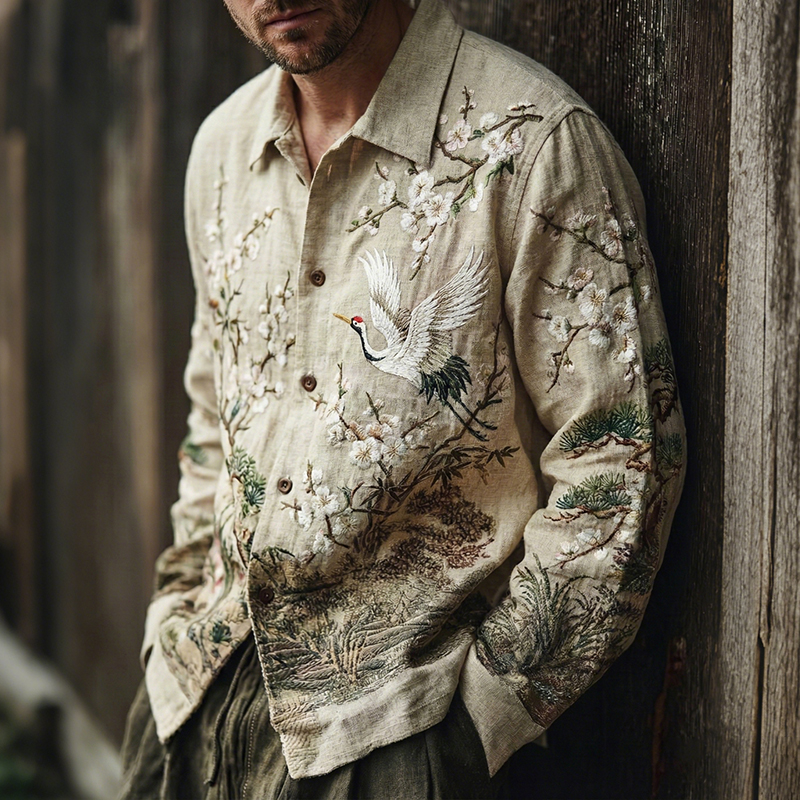 Men's Japanese Flower And Crane Embroidery Art Print Long Sleeve Shirt  artssus