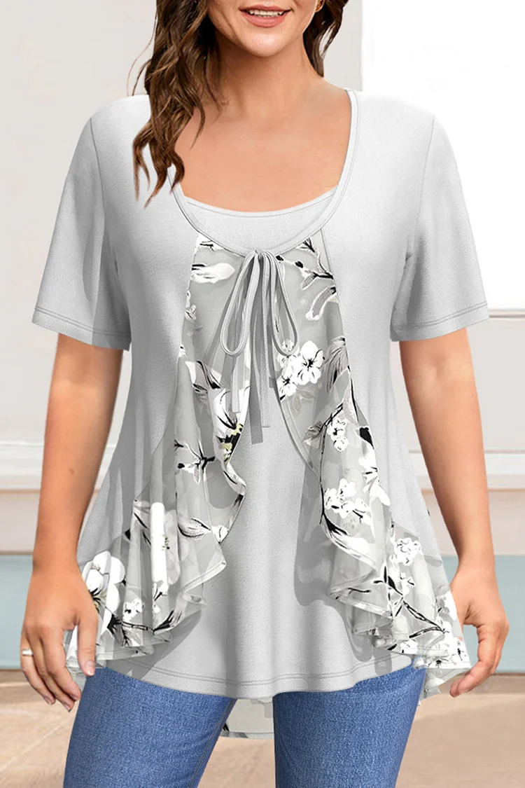 Flycurvy Plus Size Casual Grey Floral Print Ruffle Lace-Up 2 in 1 Tops Blouse  Flycurvy [product_label]