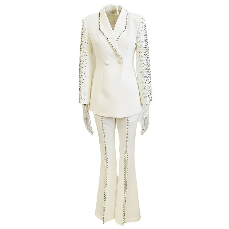 Nigikala Nigikala New Fashion Heavy Industry Nails Studded Suit Jacket Open Fork Trousers Set Two Sets