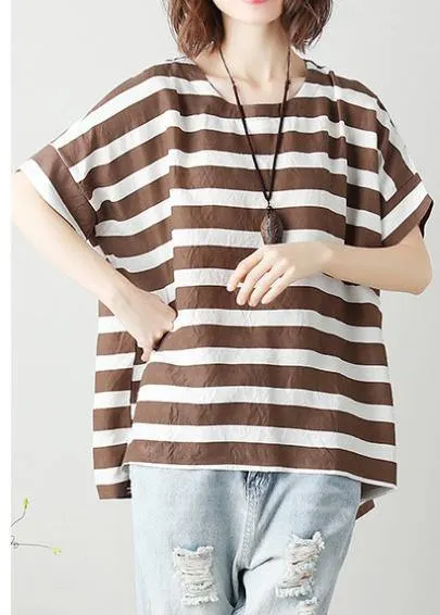 Women o neck Batwing Sleeve cotton tunic top Work chocolate striped shirt