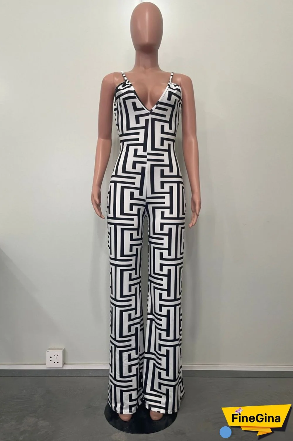 Black Sexy Casual Print Backless Spaghetti Strap Regular Jumpsuits