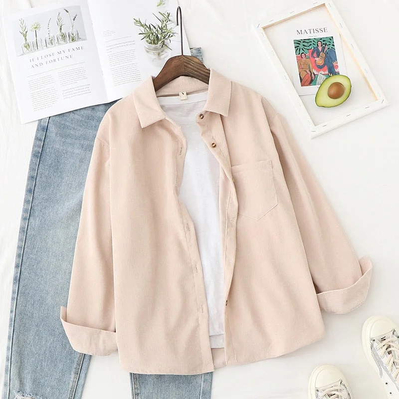 Corduroy Shirts Women Blouses Outwear Tunic Lady Tops And Blouses Long Sleeve Female Clothing Button Up Down Loose White Blue