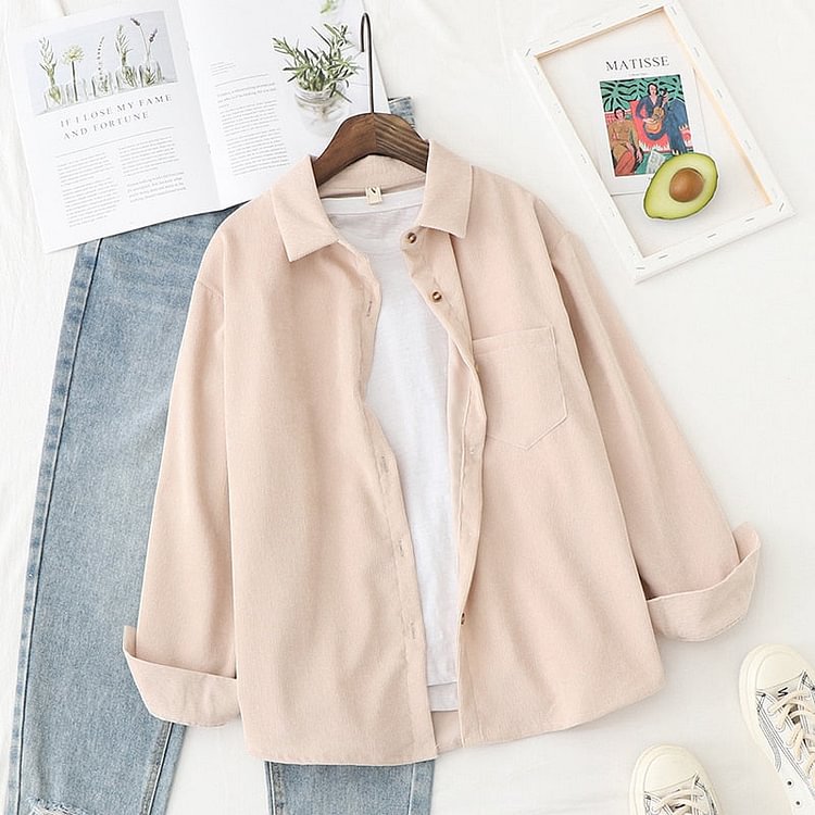 Corduroy Shirts Women Blouses Outwear Tunic Lady Tops And Blouses Long Sleeve Female Clothing Button Up Down Loose White Blue