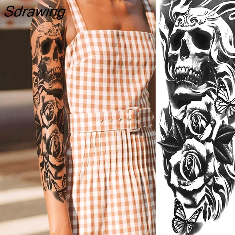 Sdrawing Totem Tattoo Arm Sleeve For Men Women Adult Realistic Fake Skeleton King Temporary Tattoo Evil Eye Demon Death Skull Tatoo