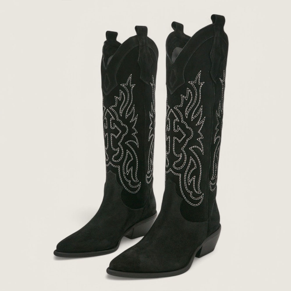 Women's Faux Suede Low Block Heel Black Cowgirl Boots Pointed Toe Nicepairs
