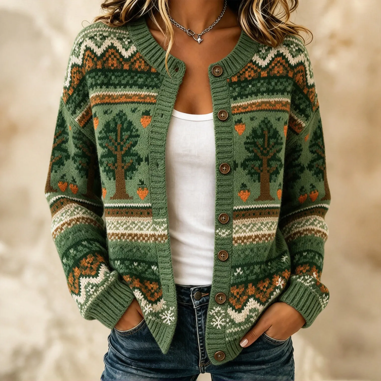 Comstylish Women's Vintage-style Autumn Tree-print Knit Cardigan Sweater