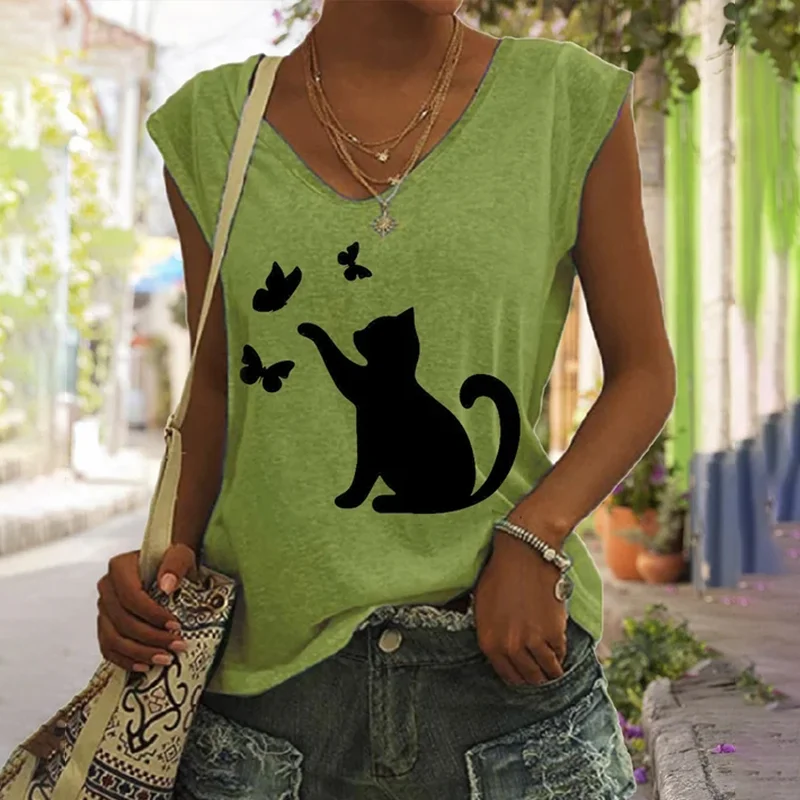 Cute Cat Catching Butterfly Print Tank Top