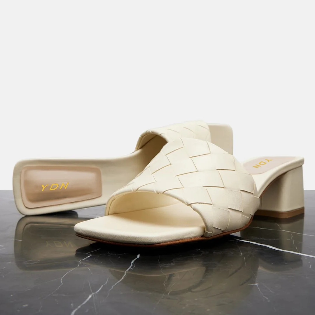 Women's Ivory Open Square Toe Comfortable Heeled Mules with Woven