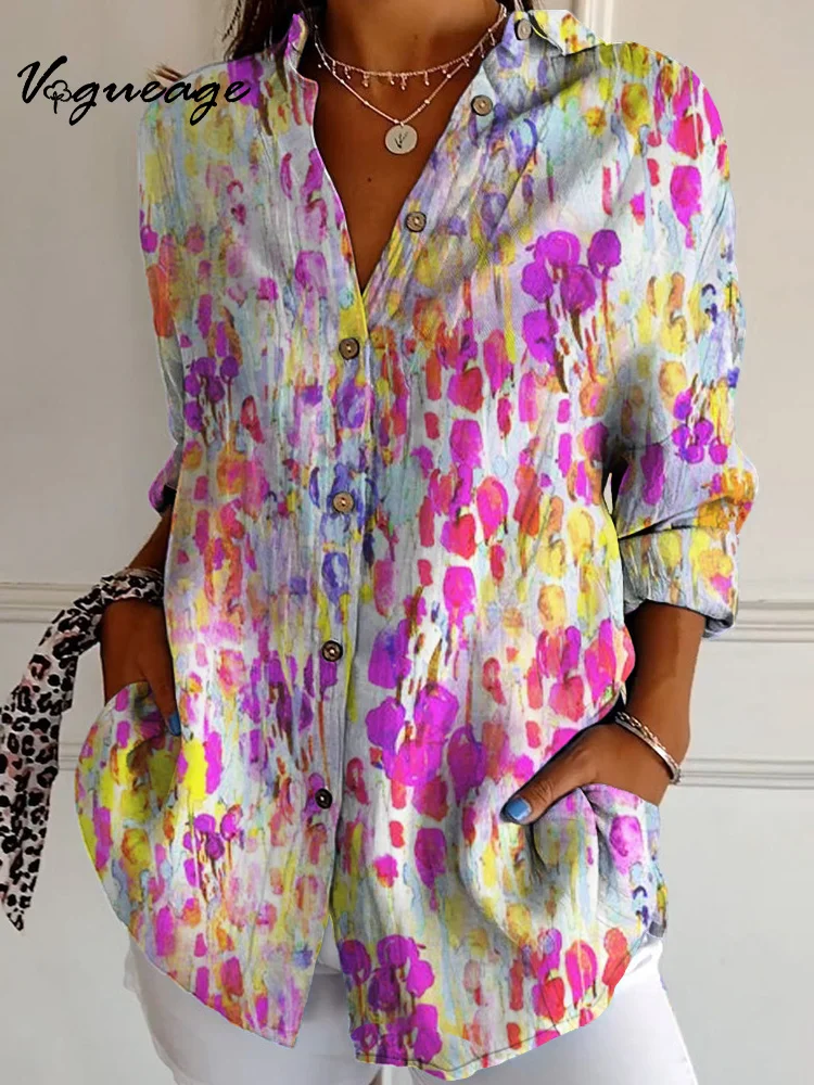 Fashion Bright Color Ink Spots Long Sleeves Printed Cotton And Linen Shirt