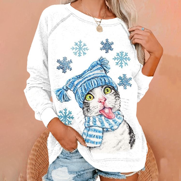 Comstylish Funny Wool Hat Cat Print Long Sleeve Sweatshirt