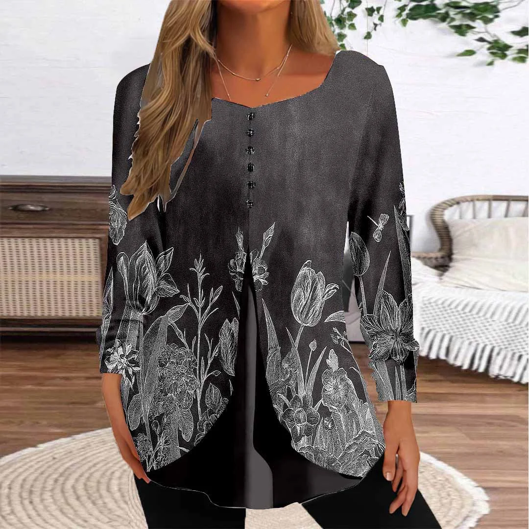 Women Floral,Black DZGG8371 Long Sleeve Scoop Neck Printed Graphic Button Fake 2in1 Tops