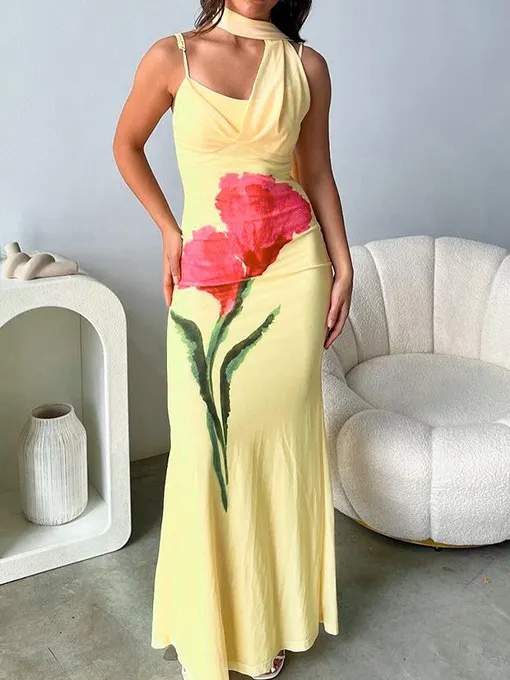 Elegant Painted Flower Print Scarf Ribbon Maxi Dress