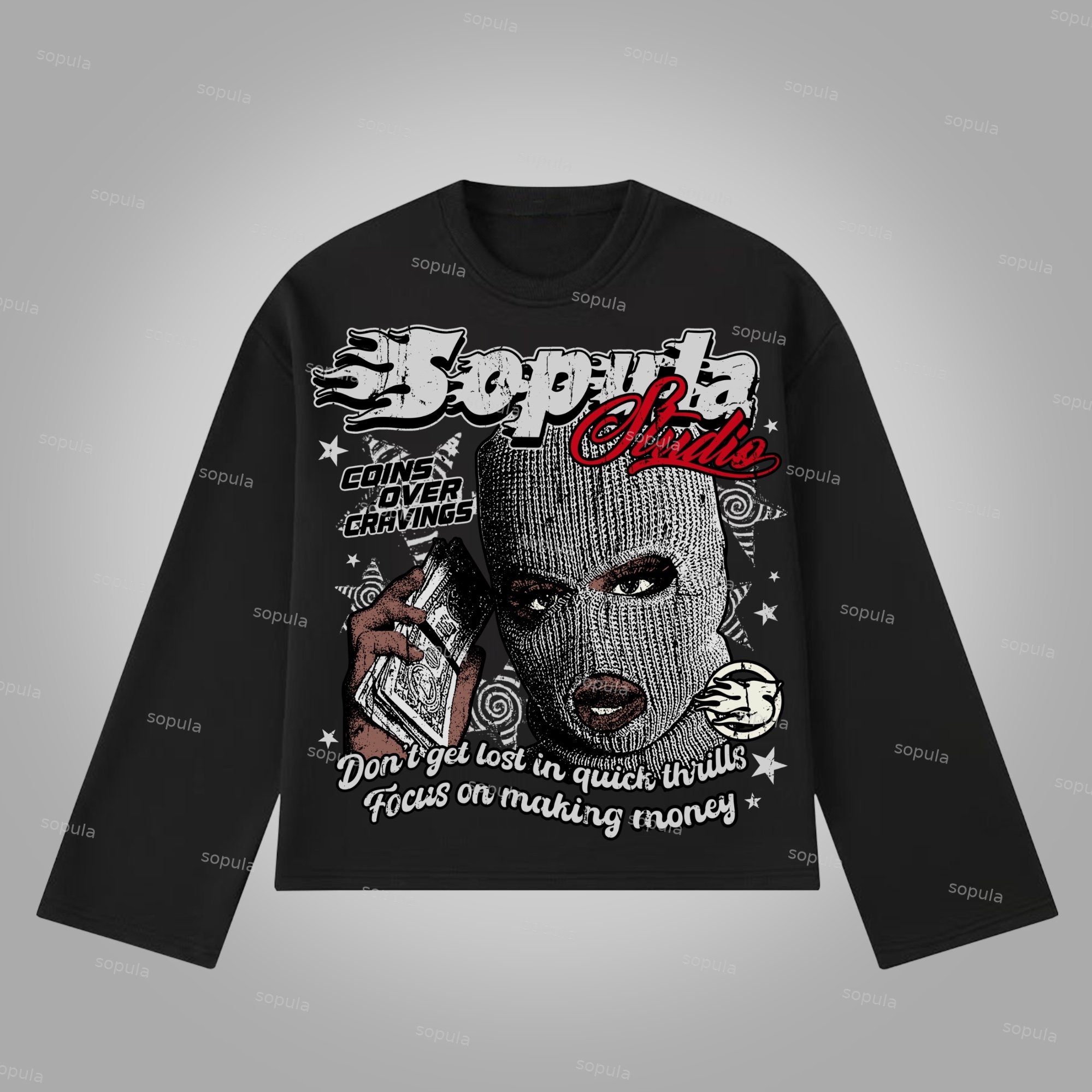 Sopula Studio Street Faith - Money Make Vintage Graphics Cotton Long Sleeve T-Shirt - SOPULA