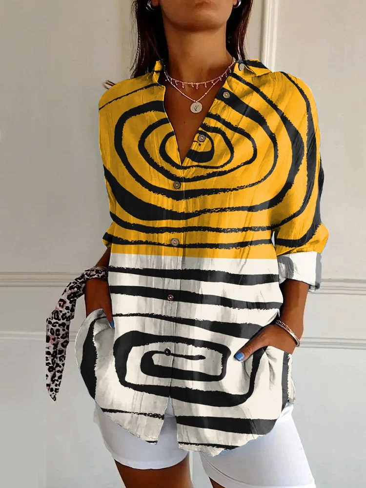 Retro Abstract Yellow And White Maze Art Print Casual Long-sleeved Shirt