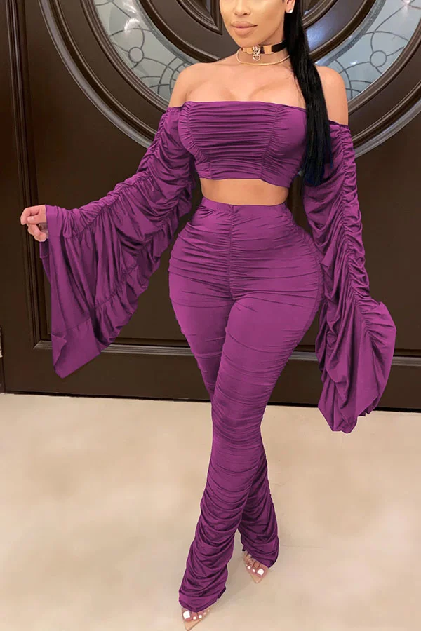purple Lightly cooked Patchwork Solid Draped asymmetrical Two Piece Suits Pants Long Sleeve Two Pieces