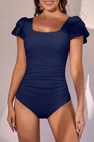 Ruffle Square Neck Tummy Control One Piece Swimsuit