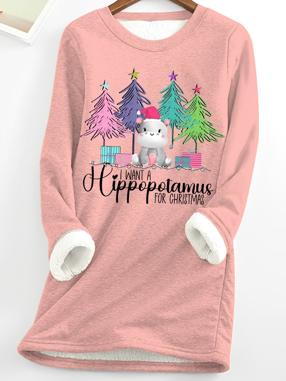 Hippopotamus For Christma Printed Fleece Top