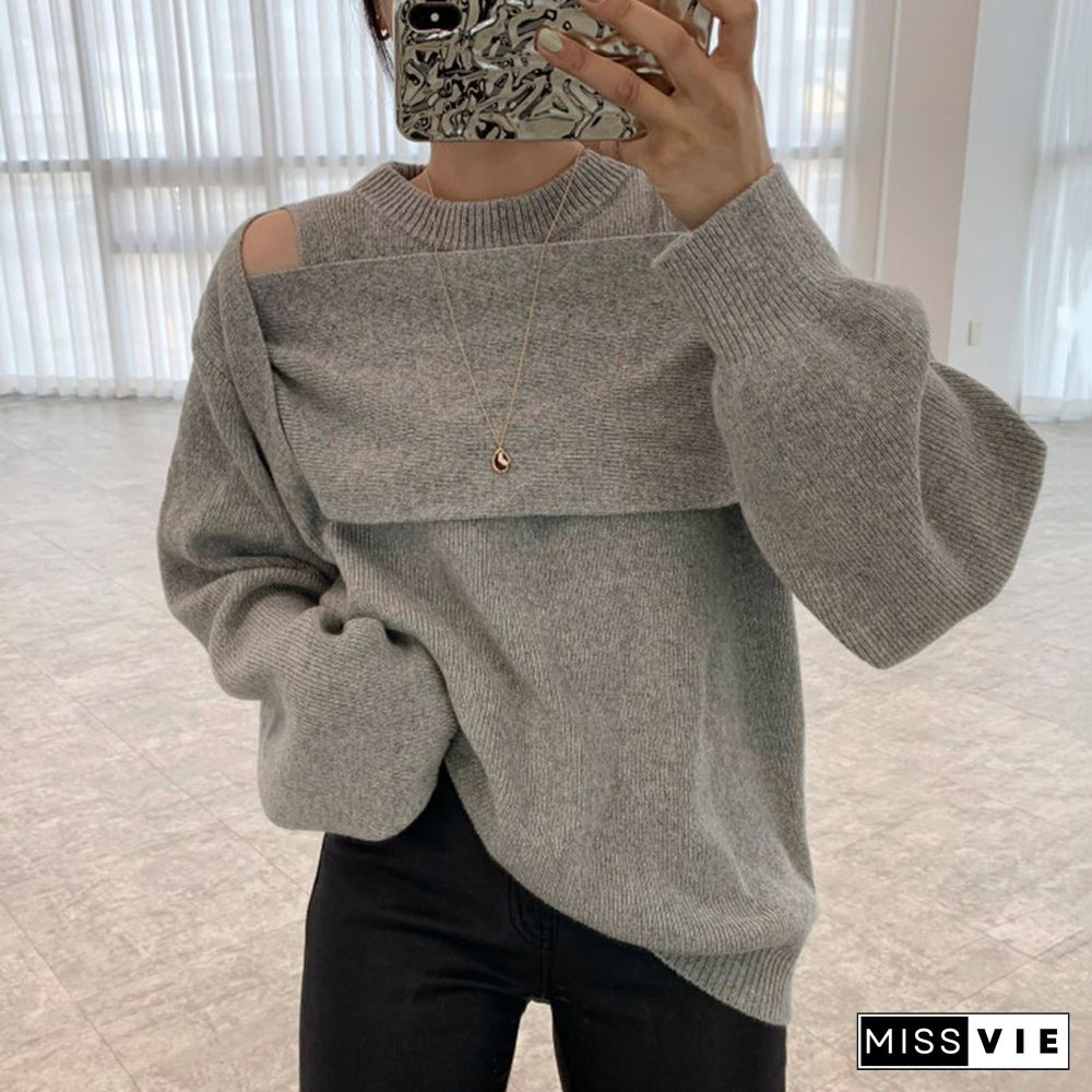 Chic Design Cold Shoulder Pure Color Sweater