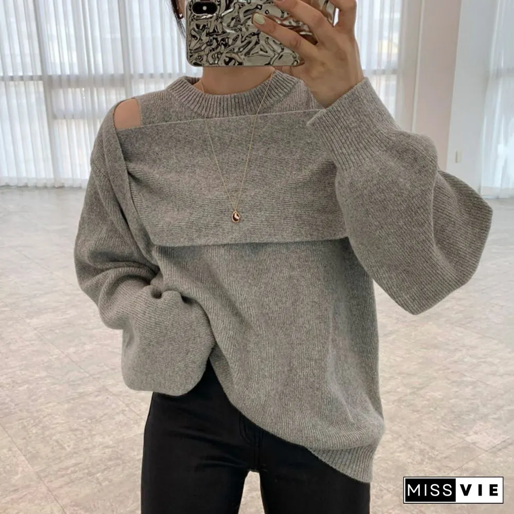 Chic Design Cold Shoulder Pure Color Sweater