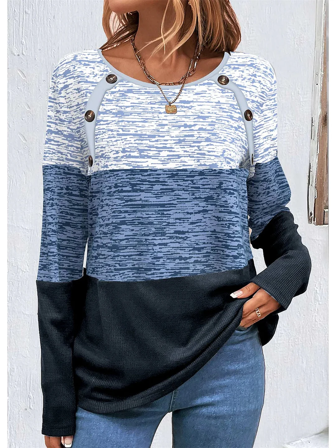 Women plus size clothing Women Long Sleeve Scoop Neck Solid Button Colorblock Tops-Nordswear