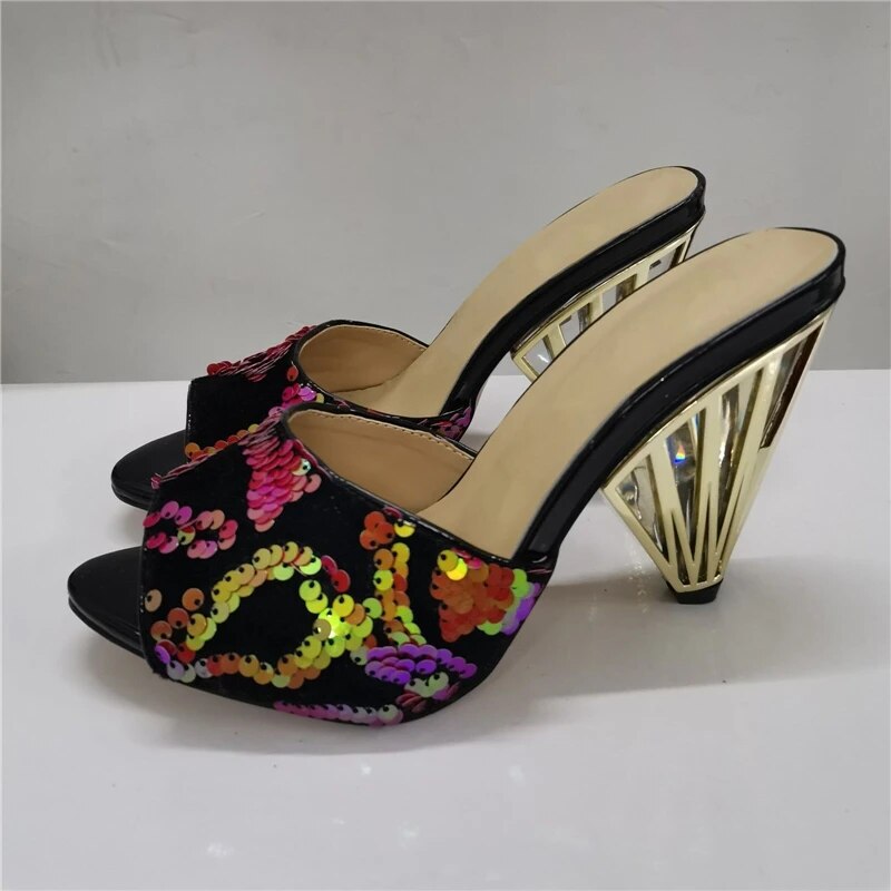 VCSHOES Bling Sequins Sandals Women Individual Metal Spike Heel Clear Crystal Transparent High Heel Mules Lady