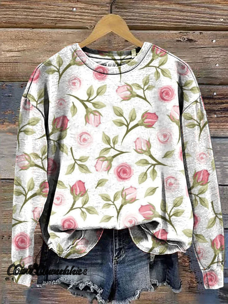 Vintage Rose Art Print Casual Sweatshirt Multicolor / S