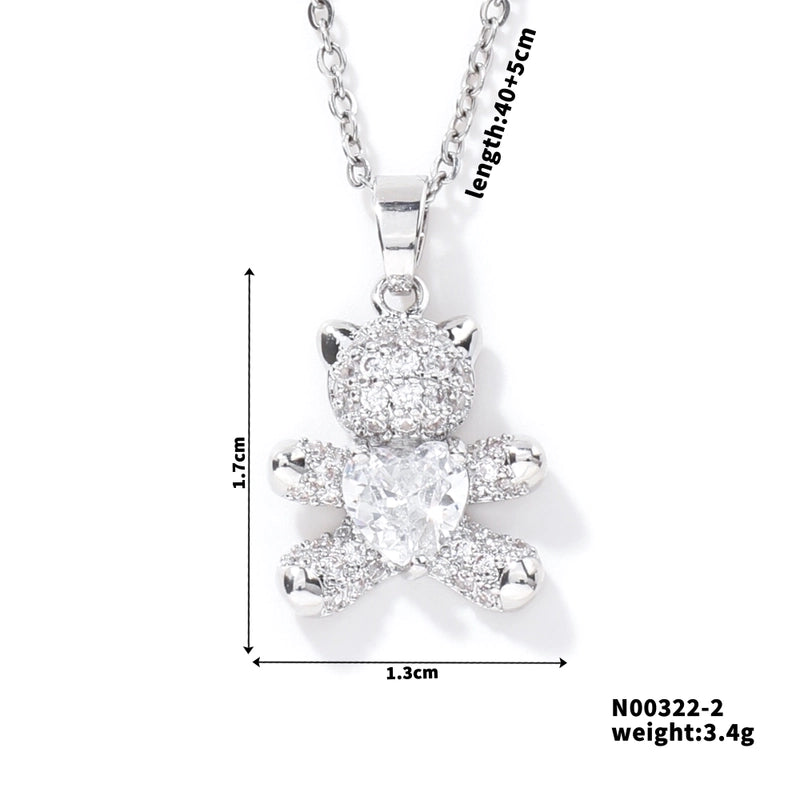 304 Stainless Steel Copper Rhodium Plated Inlay Bear Heart Shape Glass Zircon Pendant Necklace