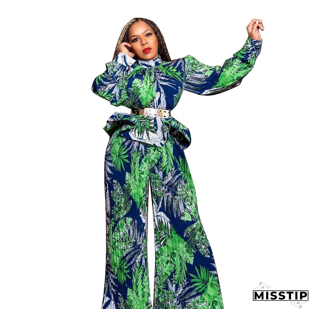 Women Lantern Long Sleeve Top and Wide Leg Pants Printed Casual Two-piece Set