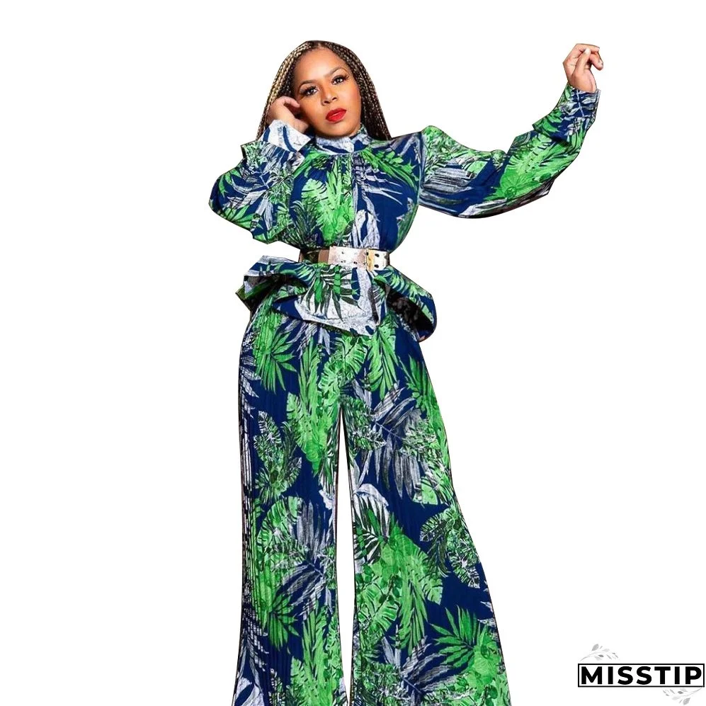 Women Lantern Long Sleeve Top and Wide Leg Pants Printed Casual Two-piece Set