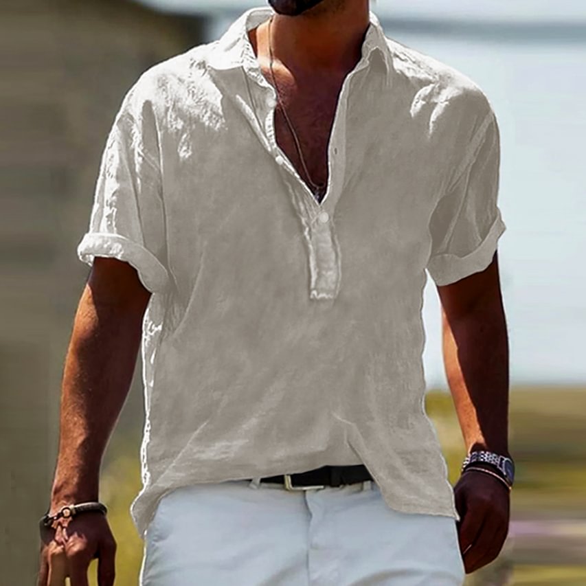 Men's Casual Solid Color Cotton Linen Half Open Collar Shirt、、URBENIE
