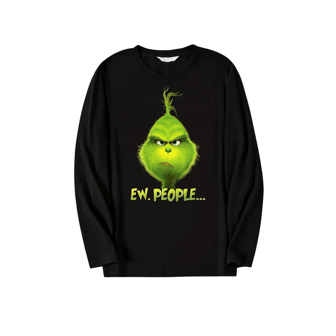 Cartoon Pattern and EW People Print Black Long Sleeve Top