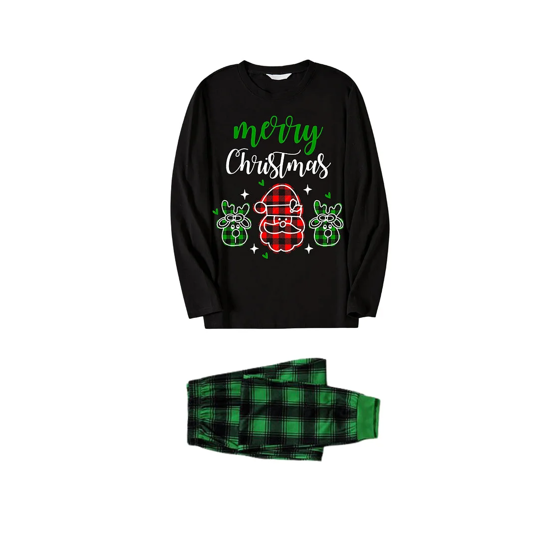 Santa Moose Cute Cartoon Pattern "Merry Christmas" Letter Prints Black Long Sleeves Top with Green and Black Classic Plaid Pants Family Matching Pajamas